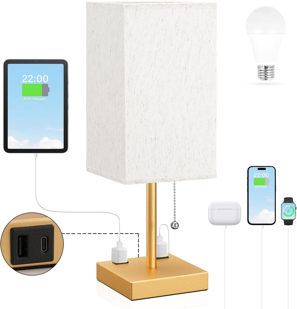 Gold Bedside Lamp for Bedroom - 3 Color Temperatures, USB A+C, 2 AC Outlets