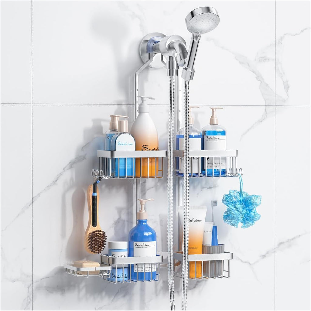 Sewulidon Aluminum Alloy Hanging Shower Caddy for Handheld Shower Heads,Rustproof Hose Shower Organizer 4 Levels Height Adjustable Shower Rack with Hooks,Razor Holder,Soap Holder