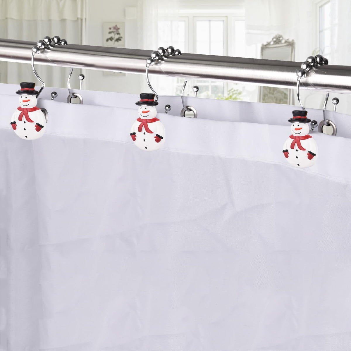 Christmas Double Shower Curtain Hooks,12PCS Xmas Snowman Rust Proof Shower Curtain Hook Rings for Winter Decoration in Bathroom and Living Room