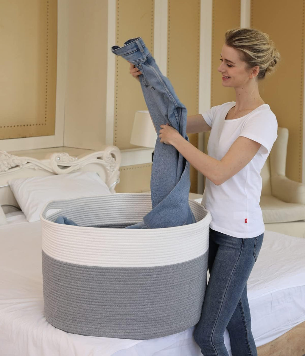 24x24x17 Inch Cottonphant Extra Large Round Blanket Basket for Living Room, Open Woven Cotton Rope Storage Basket, Jumbo Bin for Bedroom Playroom, Grey
