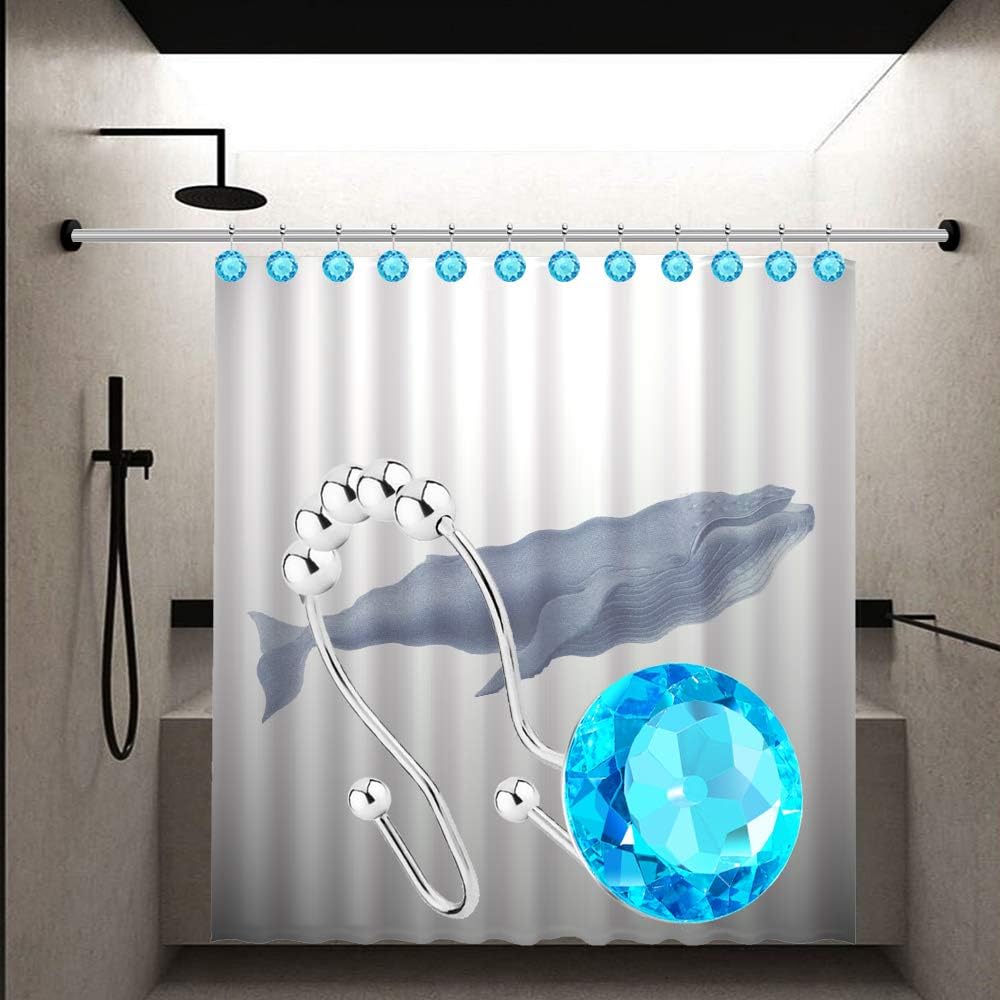 Shower Curtain Hooks Rings for Bathroom, 12PCS Double Hooks Glide Anti Rust Crystal Rhinestones Shower Curtain Rings Hangers for Shower Curtains, Clothing, Towels, etc. (Aqua Blue)