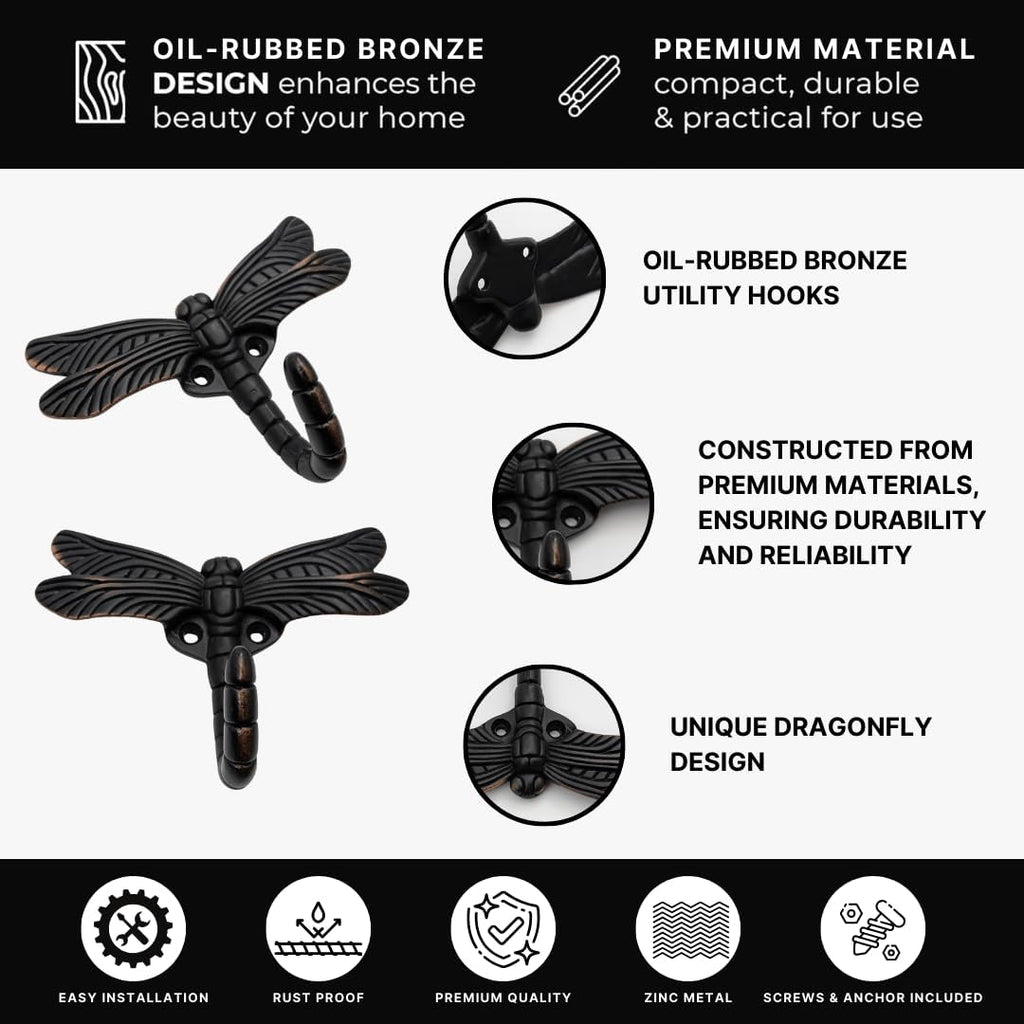 6 pcs Oil Rubbed Bronze Dragonfly Decorative Wall Hooks for Hanging Coats, Keys, Towels, Bags, and More