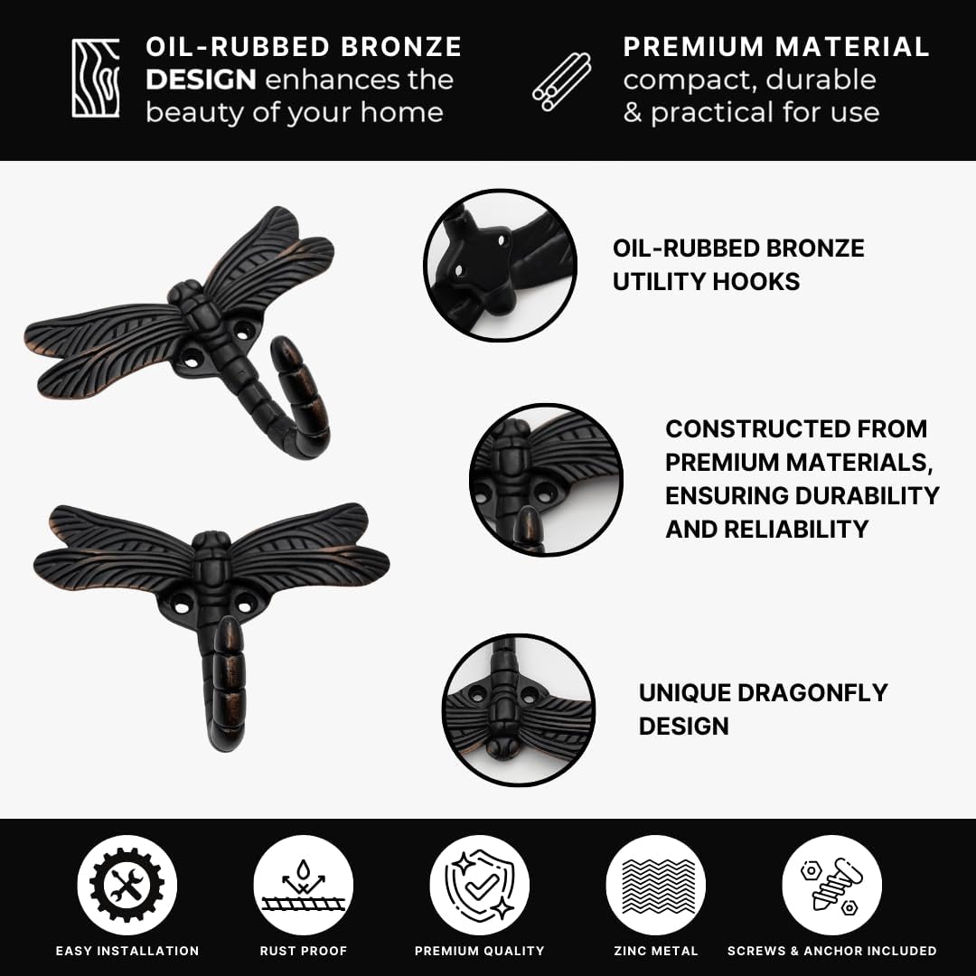 6 pcs Oil Rubbed Bronze Dragonfly Decorative Wall Hooks for Hanging Coats, Keys, Towels, Bags, and More