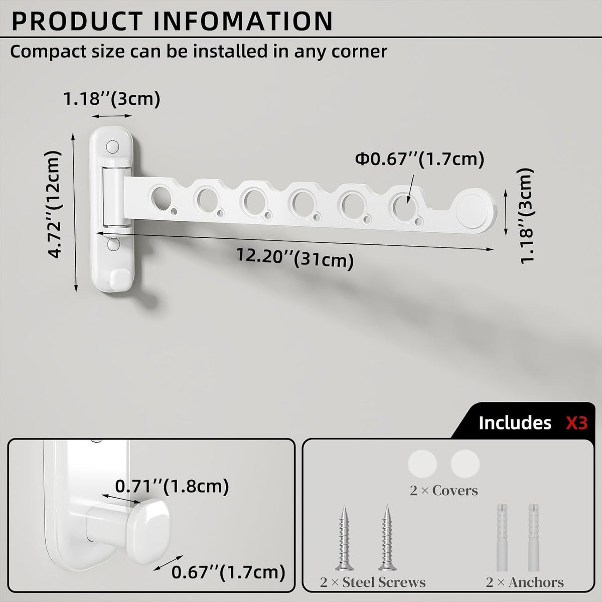Wall Mounted Clothes Hanger Rack Foldable Drying Rack Hook Folding Indoor for Laundry Room Organization Bedroom Collapsible Racks Perfect for Small Spaces, 6 Hole White 1 Packs