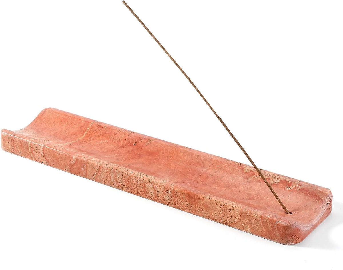 Koville Natural Travertine Incense Holder, Incense Holder for Sticks with 9 Holes, Handmade Incense Burner Ash Catcher for Meditation Yoga SPA, Balsam Fir/Palo Santo/Sage/Cone Incense Holder(Red)
