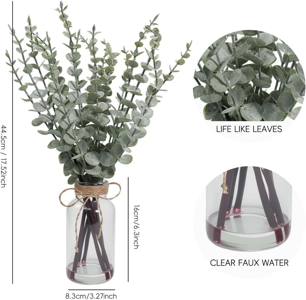 SwanMoon Artificial Eucalyptus Stems in Glass Vase with Faux Water, 17.5 Inch Mini Faux Greenery Plant for Bathroom Vanity, Coffee Table, Farmhouse Office, Wedding Home Table Centerpieces Decor