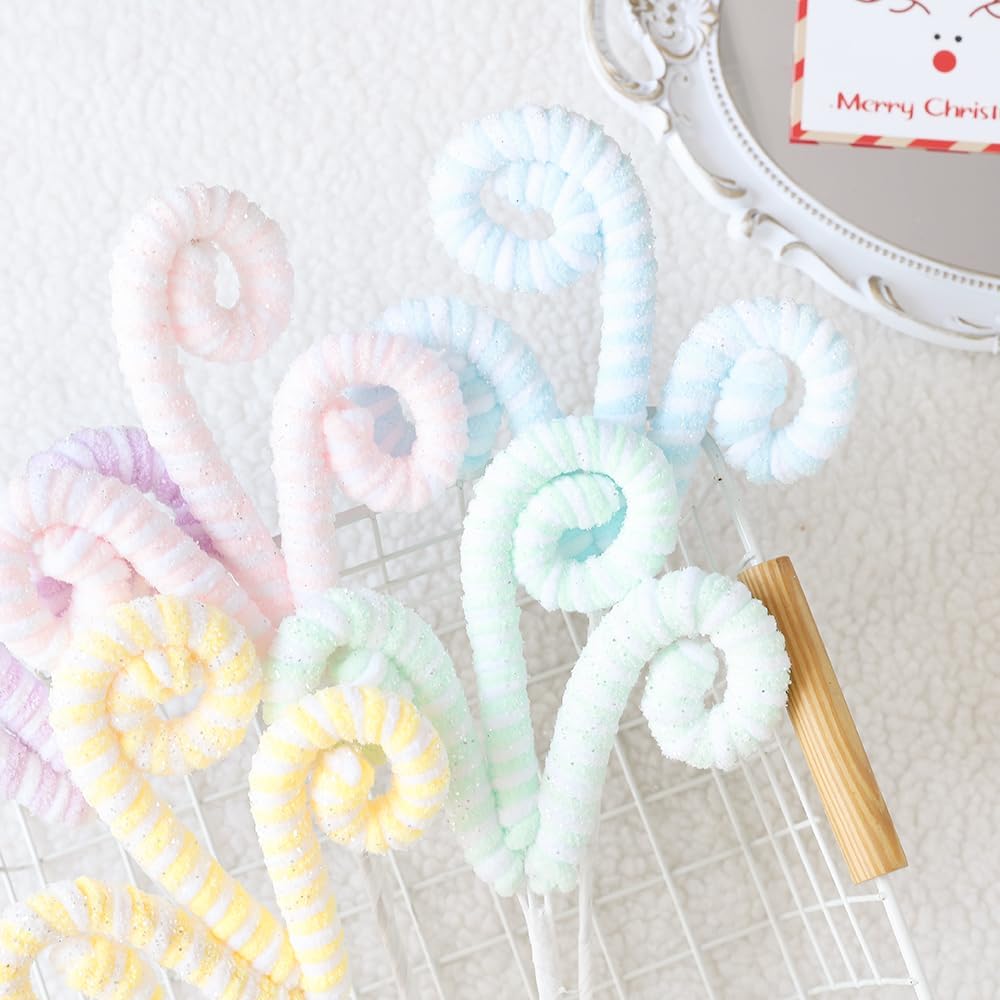 5pcs Set Macaron Color Christmas Decorations Picks, Pastel Woolen Candy Cane Christmas Tree Curly Picks, Christmas Tree Topper Decorations Home Vase Holiday Party Ornaments