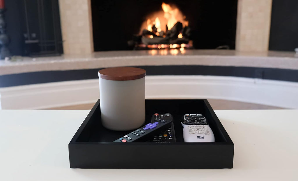 10"x10" Small Square Wood Decorative Tray for Office, Ottoman, Bathroom, Entry, Remote Controls, Countertop Organizer, Candle Tray - Pitch Black