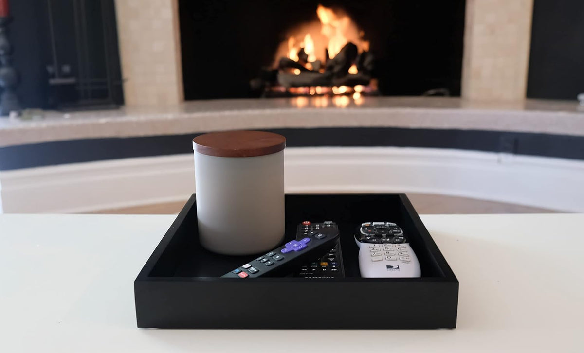 10"x10" Small Square Wood Decorative Tray for Office, Ottoman, Bathroom, Entry, Remote Controls, Countertop Organizer, Candle Tray - Pitch Black