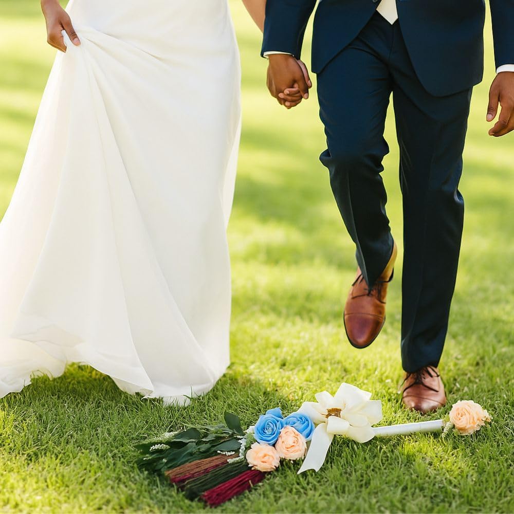 Elegant Wedding Brooms Bride Bridegroom, Jumping The Broom for Wedding, Natural Whisk Broom with Ribbons, Artificial Pearl, Leaves,Roses for Decorative