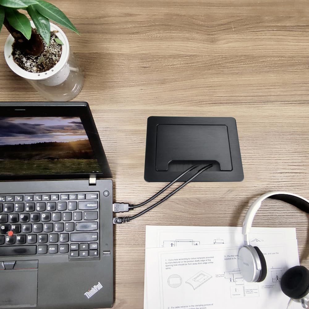 Tabletop Brush Cable Management Connectivity Box with 8 Grommet Holes for Conference Office (Black)