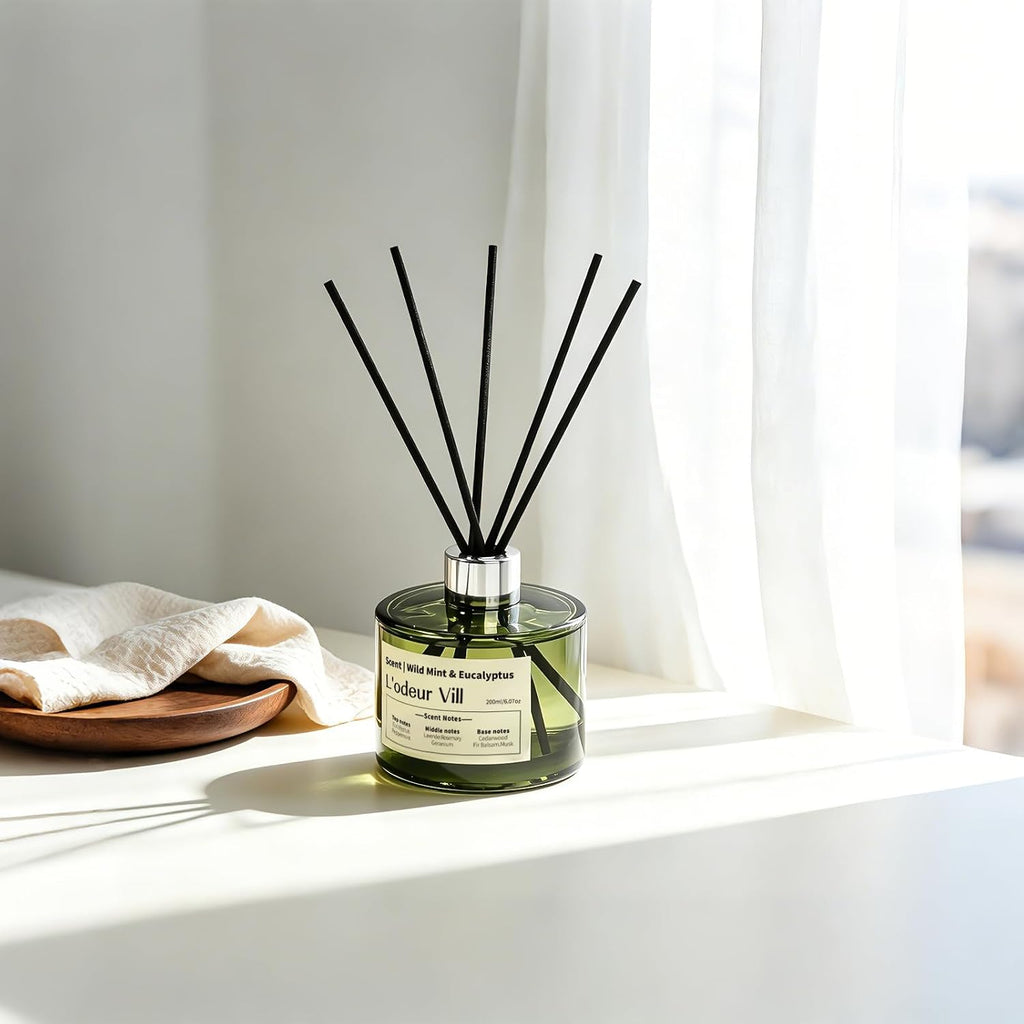 L'odeur Vill Reed Diffuser Set, 6.7 fl oz(200ml) Scent Diffuser with 6 Reed Sticks, Black Forest Oil Diffuser Home Fragrance Bathroom & Office Shelf Decor