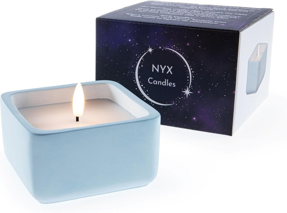 Flameless Candle - Square LED Candle with Real Wax in a Cement Base | Battery Operated, 500+ Hours | Housewarming Gift, Home Décor, Bathroom, Coffee Table (Blue)