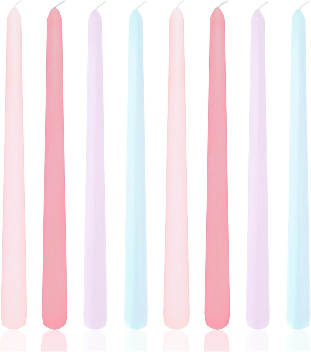 10 Inch Taper Candles, 8 Pack Unscented Dripless Pink Purple Blue Candlesticks for Birthday, Wedding, Dinner, Party, Shower