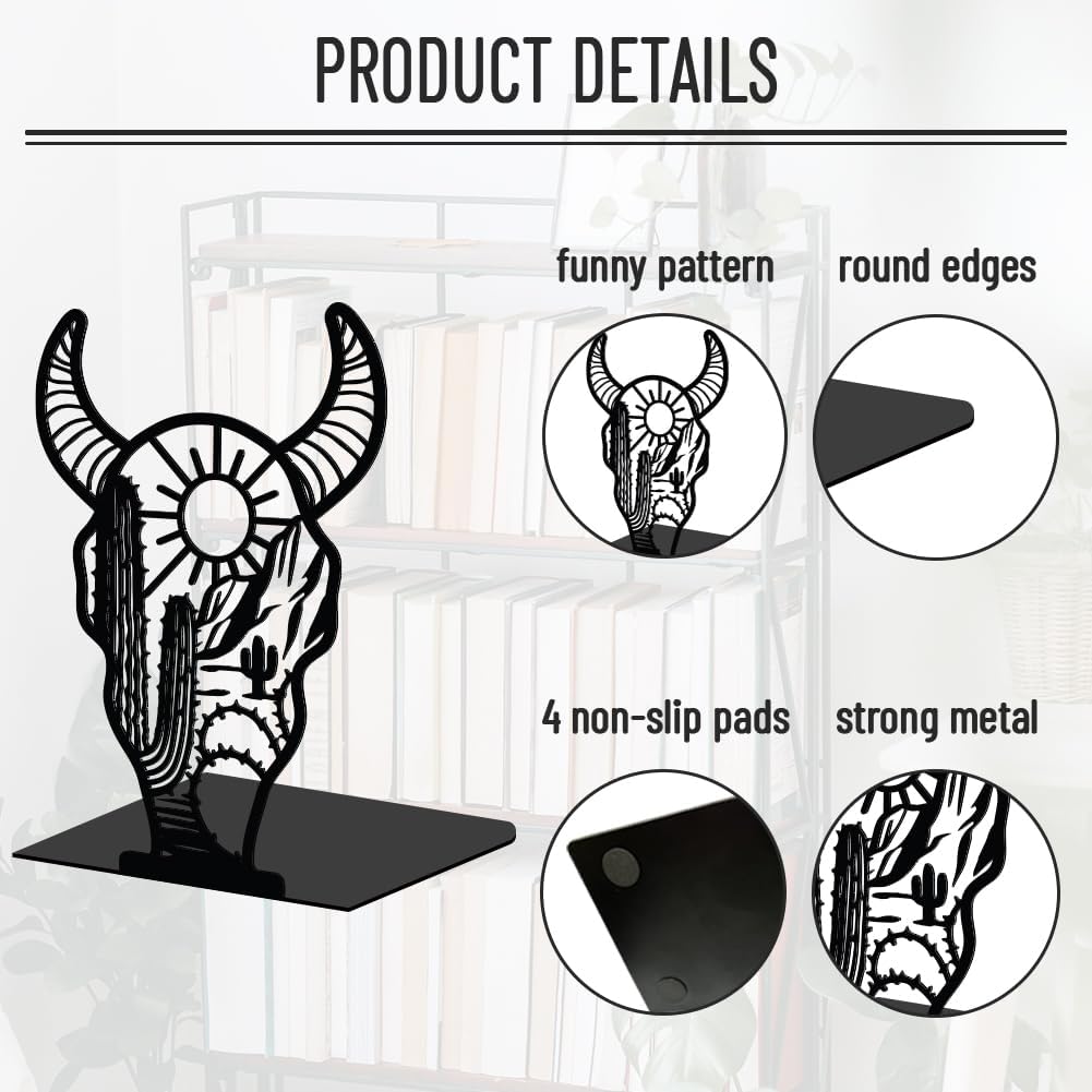WADORN 1 Pair Western Cow Skull Metal Decorative Bookends, Vintage Cow Head Heavy Duty Book Stand Black Non-Skid Book Holder Stopper for Home Office School Library Desk Bookshelf Dorm Western Decor