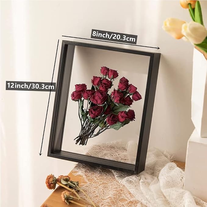 Wooden Dried Flower Photo Frame Dried Flower Display Stand Decorative Floating Photo Frame,Double Sided Plexiglass Shadow Box Picture Frame,for Display Dried Flowers,Handicrafts(black-8x12)
