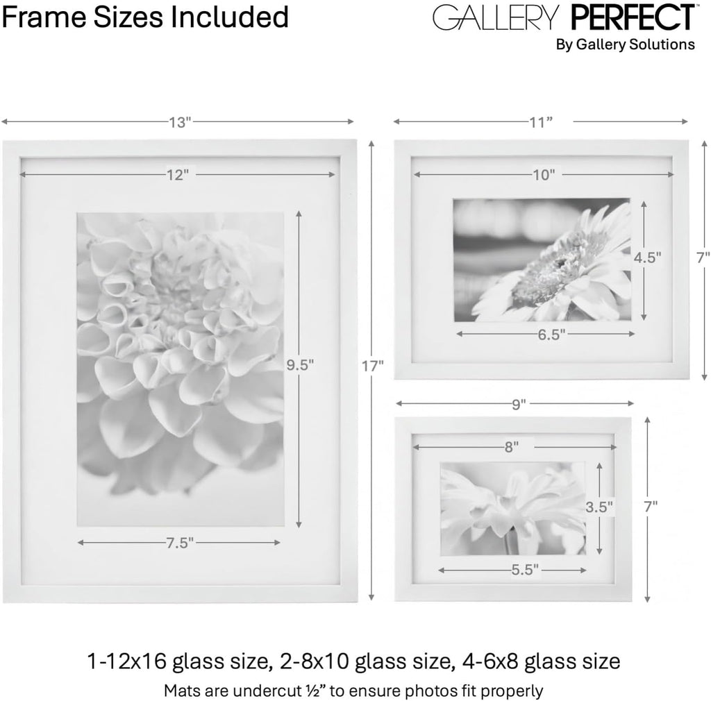GALLERY PERFECT Multi-Size Picture Frame Set 7 Pack, White Gallery Wall Frames with Hanging Hardware, Clear Glass - One 12x16, Two 8x10, Four 6x8 Matted Photo Frames for Wall Display