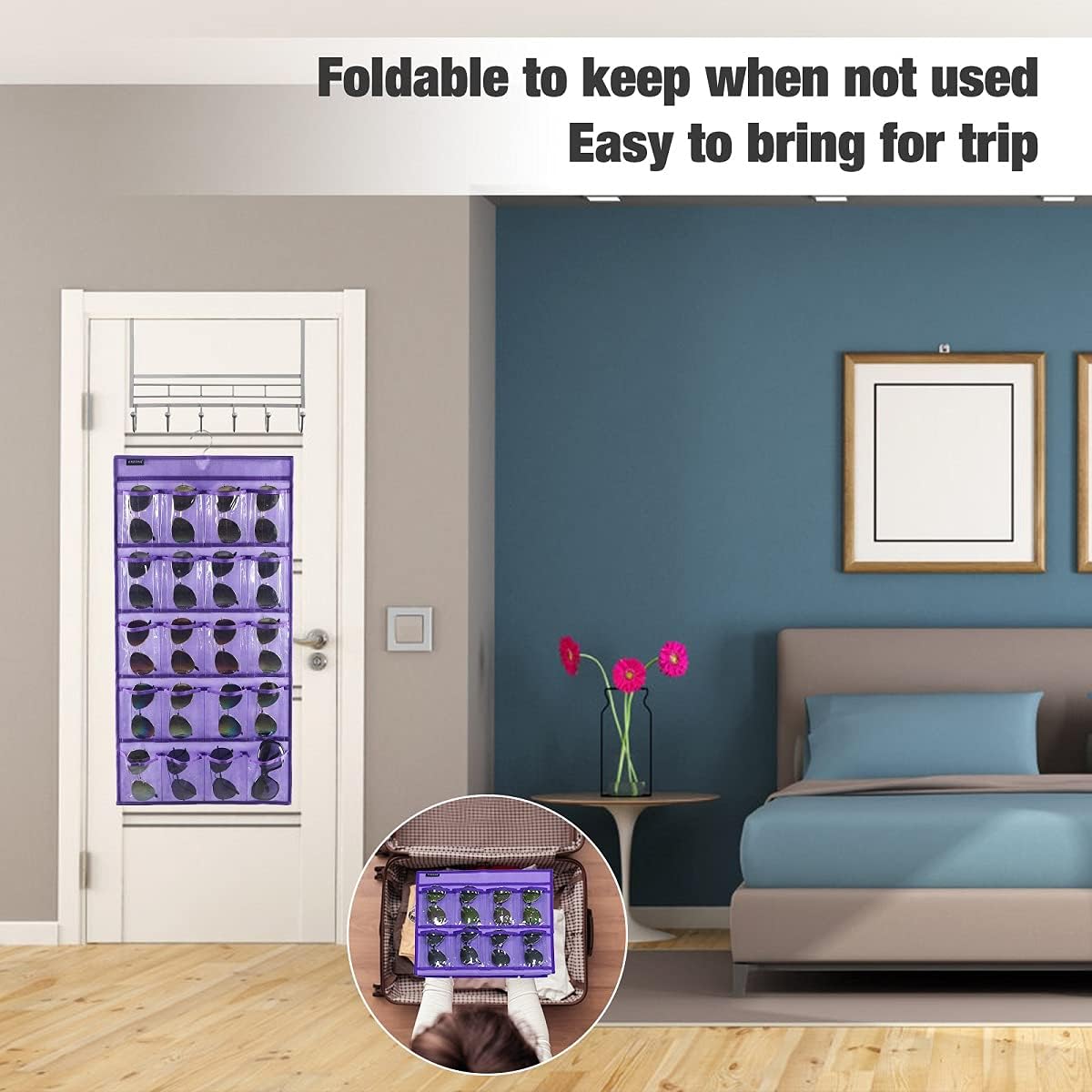 Dual Sided Hanging Sunglasses Organizer Storage Wall Mounted Eyeglasses Holder Eyewear Display Case with 40 Clear Slots (40 Pockets-Purple)