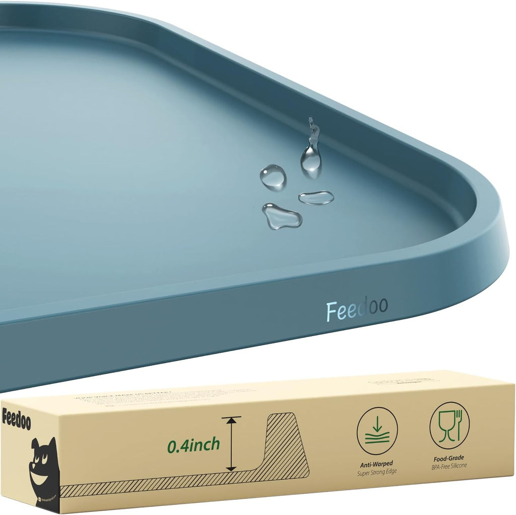 Feedoo Pet Feeding Mat [Warped Resistant Raised Edge], Water-Proof Silicone Placement for Food Water Bowls, Anti-Slip Base Protect Floor, BPA-Free&Dishwasher-Safe [23.5x13.5inch Large, Blue]
