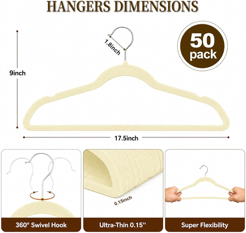 Velvet Felt Hangers 50 Pack, Non Slip, Slim, Space Saving, Ivory