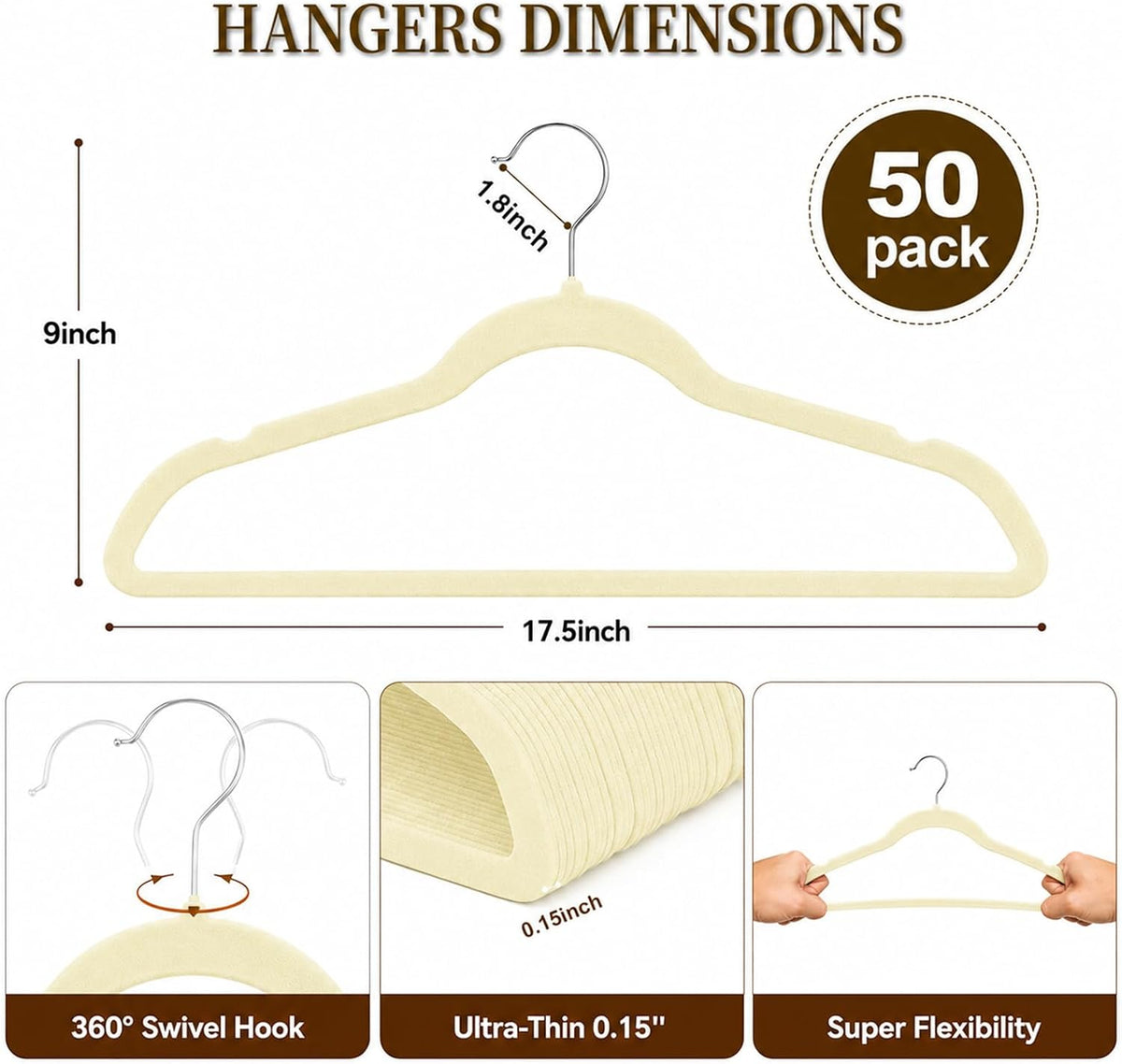 Velvet Felt Hangers 50 Pack, Non Slip, Slim, Space Saving, Ivory