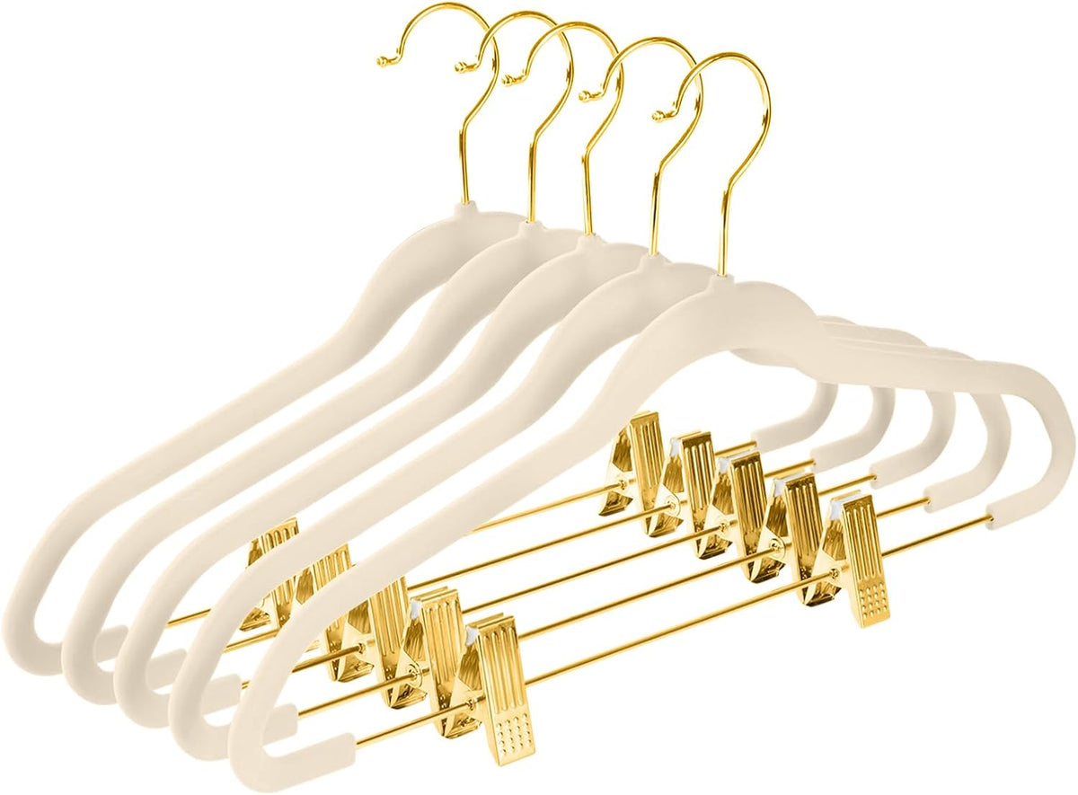 MIZGI Premium Velvet Pants Hangers with Adjustable Clips (Pack of 20) Slim Skirt Hangers- Non Slip Felt Outfit Dress Hangers Ivory - Gold Hooks,Space Saving Shirt Clothes Hangers