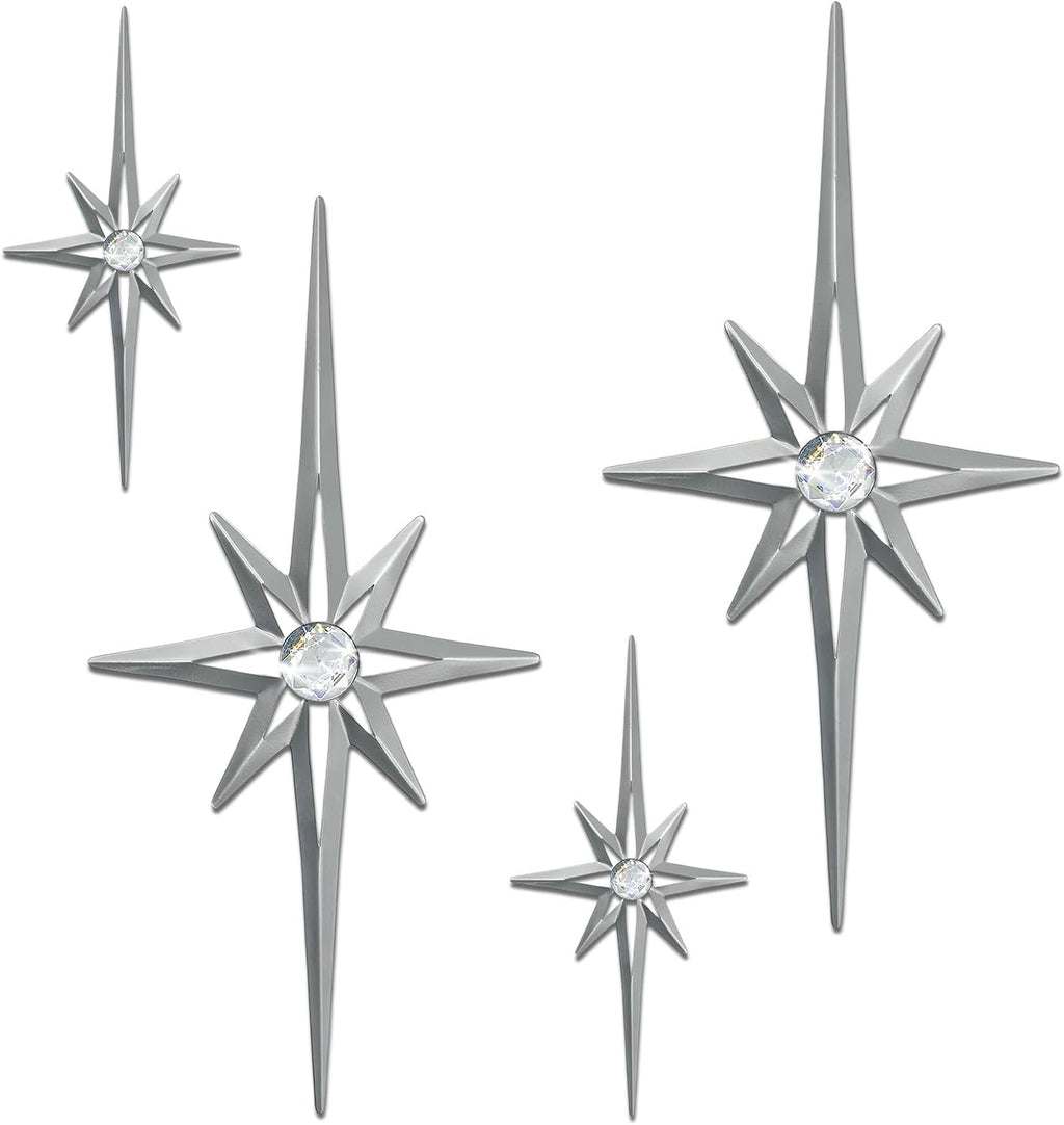 sxnzequnze 4 Pcs Star Wall Art for Home Decor Living Room Bedroom Office Metal 3D,Bling,with Hanging Hook Starburst Midcentury Sculpture Retro Gallery Accent Celestial -Silver 16.5in/9.4in