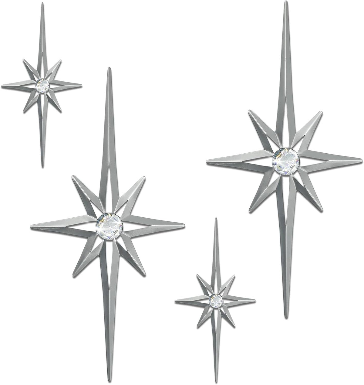 sxnzequnze 4 Pcs Star Wall Art for Home Decor Living Room Bedroom Office Metal 3D,Bling,with Hanging Hook Starburst Midcentury Sculpture Retro Gallery Accent Celestial -Silver 16.5in/9.4in