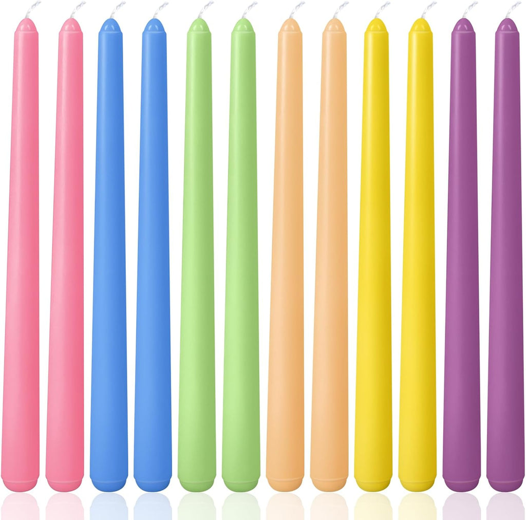 10 Inch Multi-Color Taper Candles for Religious and Spiritual Settings, 12 Pack Unscented Candlesticks in 6 Colors for Holiday, Seasonal Celebration and Home Decoration