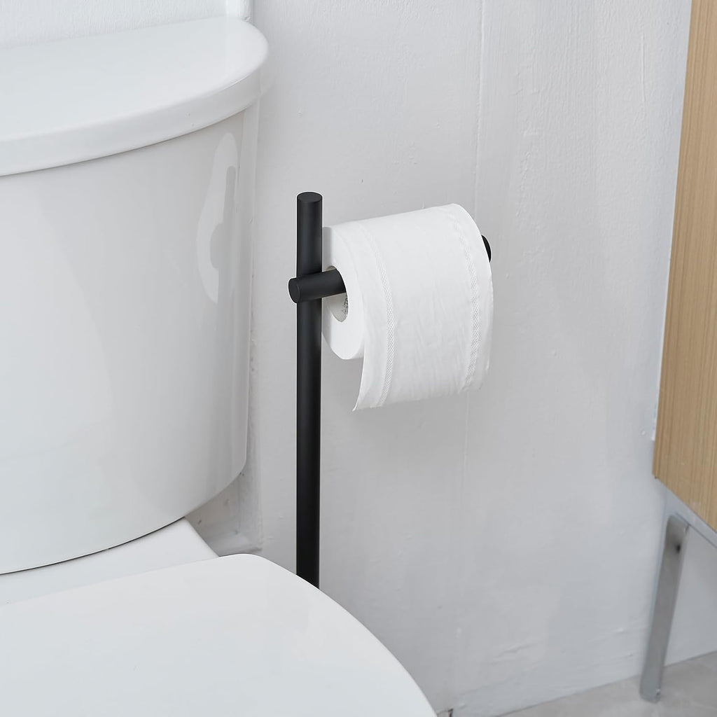 BWE Black Free Standing Toilet Paper Holder for Bathroom Tissue Storage