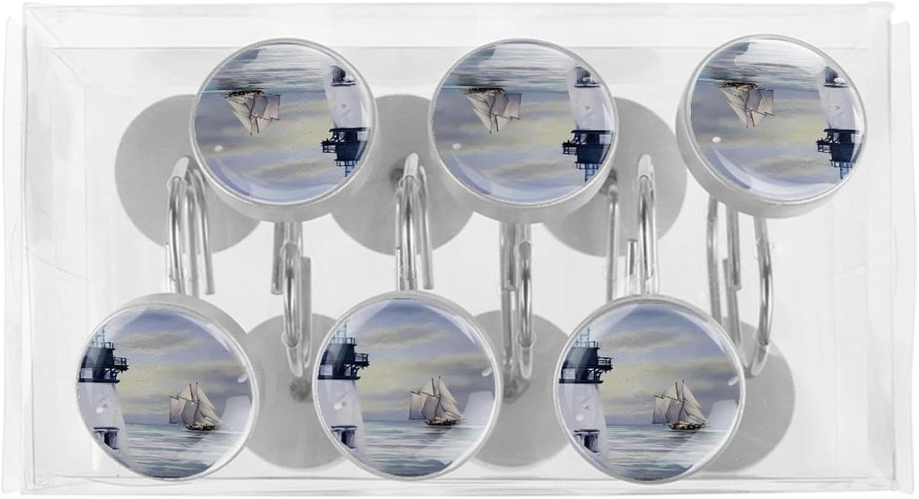 Nautical Lighthouse Decorative Shower Curtain Hooks Rings Set of 12 Hooks for Shower Curtain Rustproof Curtain Rings for Bathroom