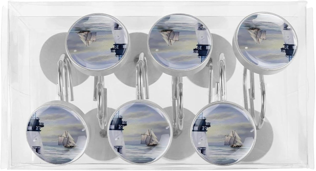 Nautical Lighthouse Decorative Shower Curtain Hooks Rings Set of 12 Hooks for Shower Curtain Rustproof Curtain Rings for Bathroom