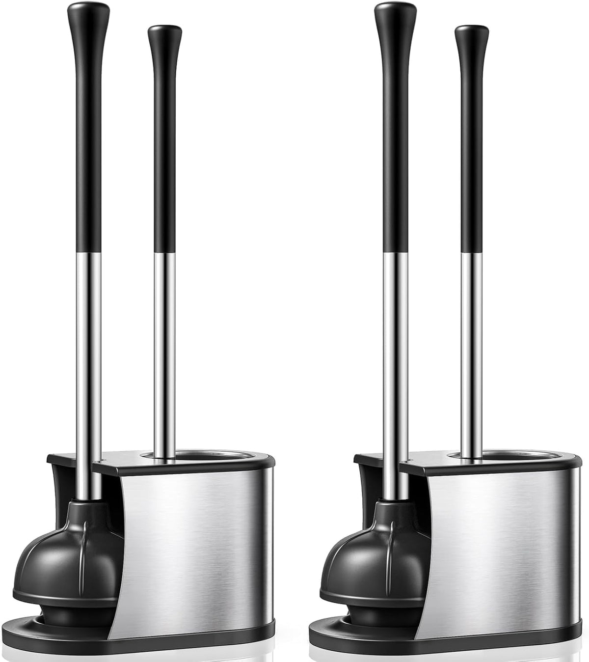 HAMITOR Toilet Plunger and Brush Set: 2 Pack 2 in 1 Stainless Steel Rustproof Combo with Curved Bristles - Heavy Duty Toilet Unclogging for Family Bathroom - Compact Apartment Cleaning Accessories