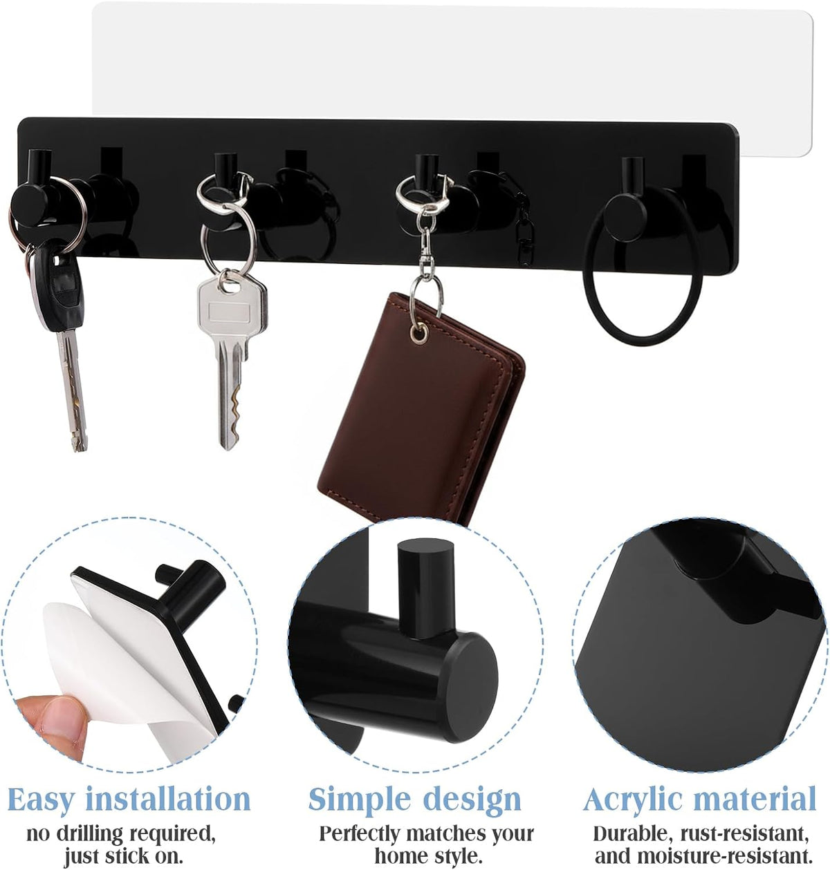 1 Pcs Adhesive Key Holder for Wall Acrylic with 4 Hooks, Black