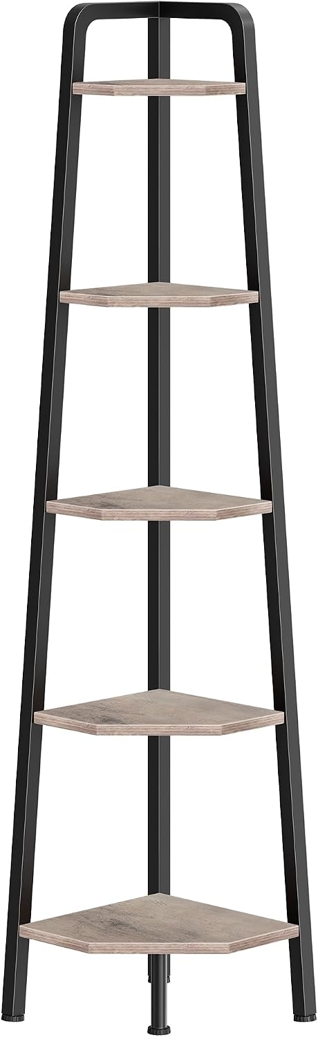 CHOEZON Corner Shelf, 5-Tier Ladder Corner Shelf, Ladder Bookshelf, 59.6" Tall Vertical Display Stand, Metal Frame Bookshelf, for Living Room, Bedroom, Kitchen, Greige and Black TCJ20BG