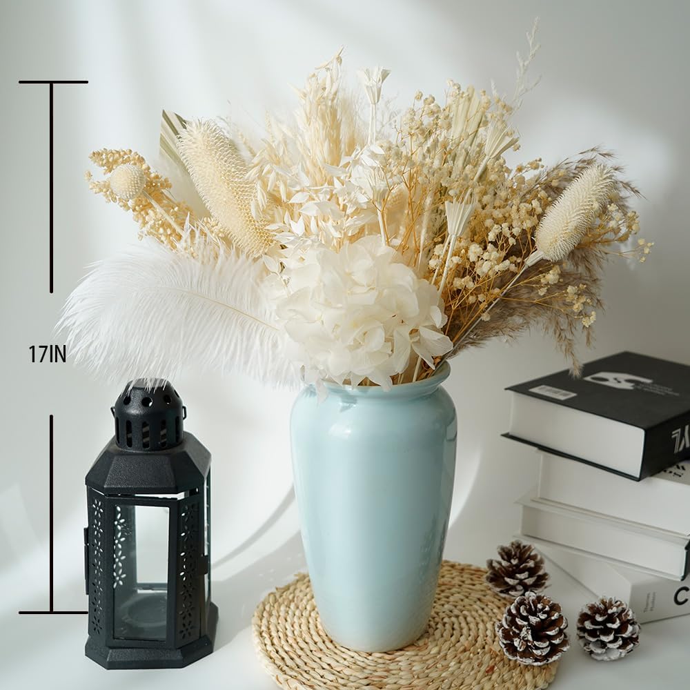 Natural Dried Pampas Grass Bouquet - 17" White & Ivory Dried Flowers with Palm Leaves & Hydrangea, Boho Home Decor for Wedding, Bridal Shower, Baby Shower & Farmhouse DIY Arrangements, No Vase
