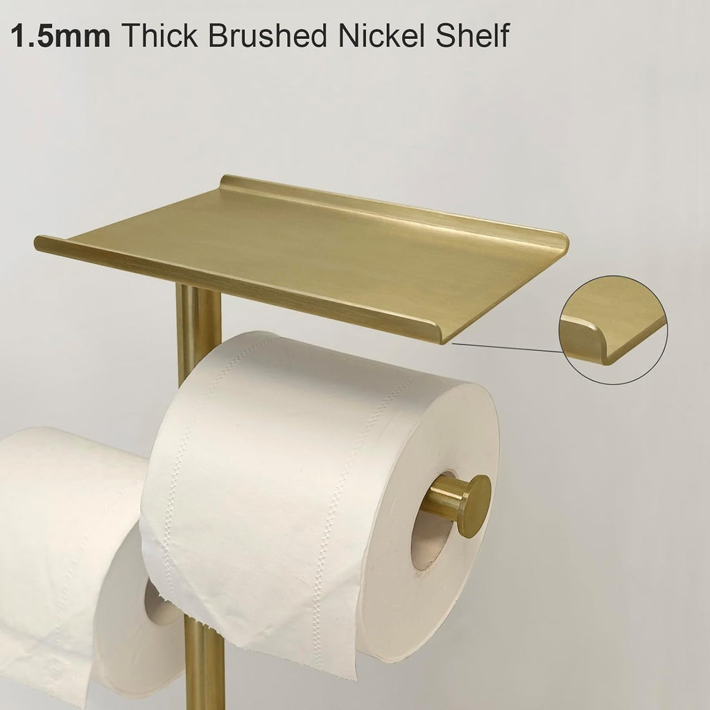 GZILA Brushed Gold Toilet Paper Stand Holder with Shelf, Marble Design Base Free Standing Toilet Paper Roll Holder with 2 Dispenser SUS 304 Stainless Steel Reserve, Storage 5 Rolls