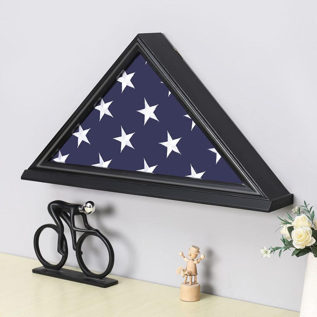 Flag Display Case, Thick Bottom Edge Military Flag Box with High Transparent Glass Front, Solid Wood Wall Mounted Flag Case Shadow Box for 5'x9.5' American Veteran Burial Flag (Black)