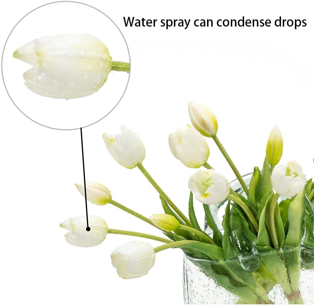 DUYONE 40Pcs Artificial Tulips Flowers, Soft Touch Realistic Latex Tulips Bouquet for Home Office Wedding Party Garden Decor, Fake Flowers for Centerpieces Dining Table Living Room Spring(White Set)