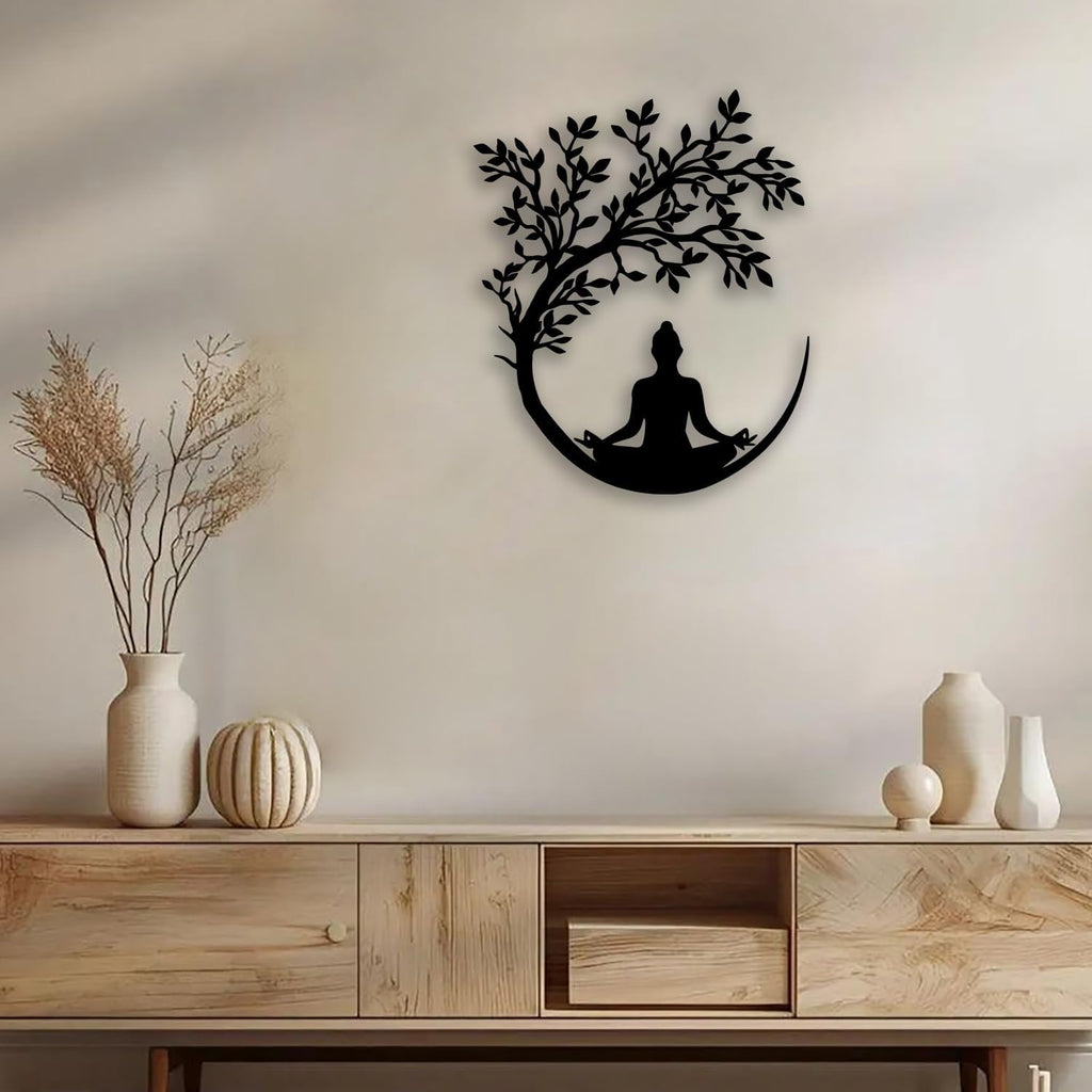 OPTYBVFD Tree of Life and Buddha Metal Wall Decor - Zen Room Decor Wall Art Home Decor for Living Room, Bedroom, Office, Yoga, Meditation (Black)