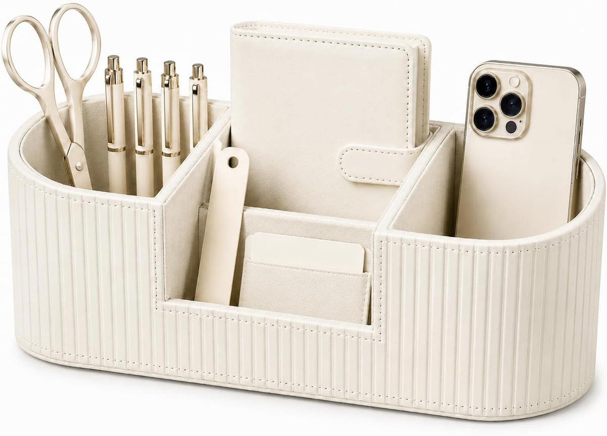 KINGFOM Faux Leather Desk Organizer, Office Desk Accessories Organizer with 4 Compartments, Modern Vanity Organizer for Pens, Makeup Brushes, Office Supplies, Remote Controls, Desk Decor for Home