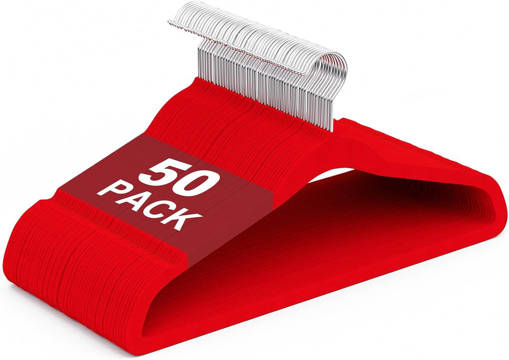 Velvet Felt Hangers 50 Pack, Non Slip, Slim, Space Saving, Red
