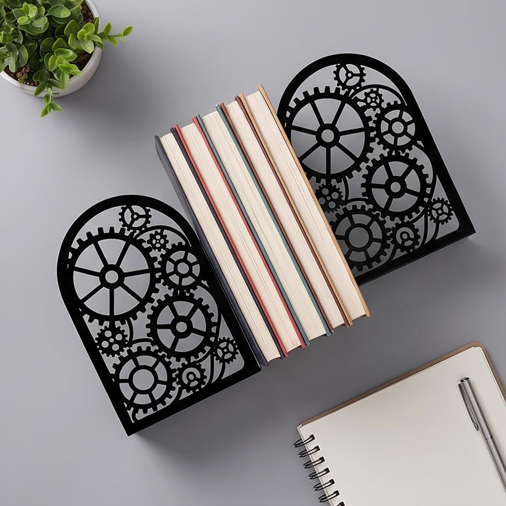 Gear Book Shelf Decorative Bookends for Shelves, Book Ends for Heavy Books, Interlocking Gear Design Metal Bookends for Desk Organizer, Office Library Decor Decorative Books for Home Decor