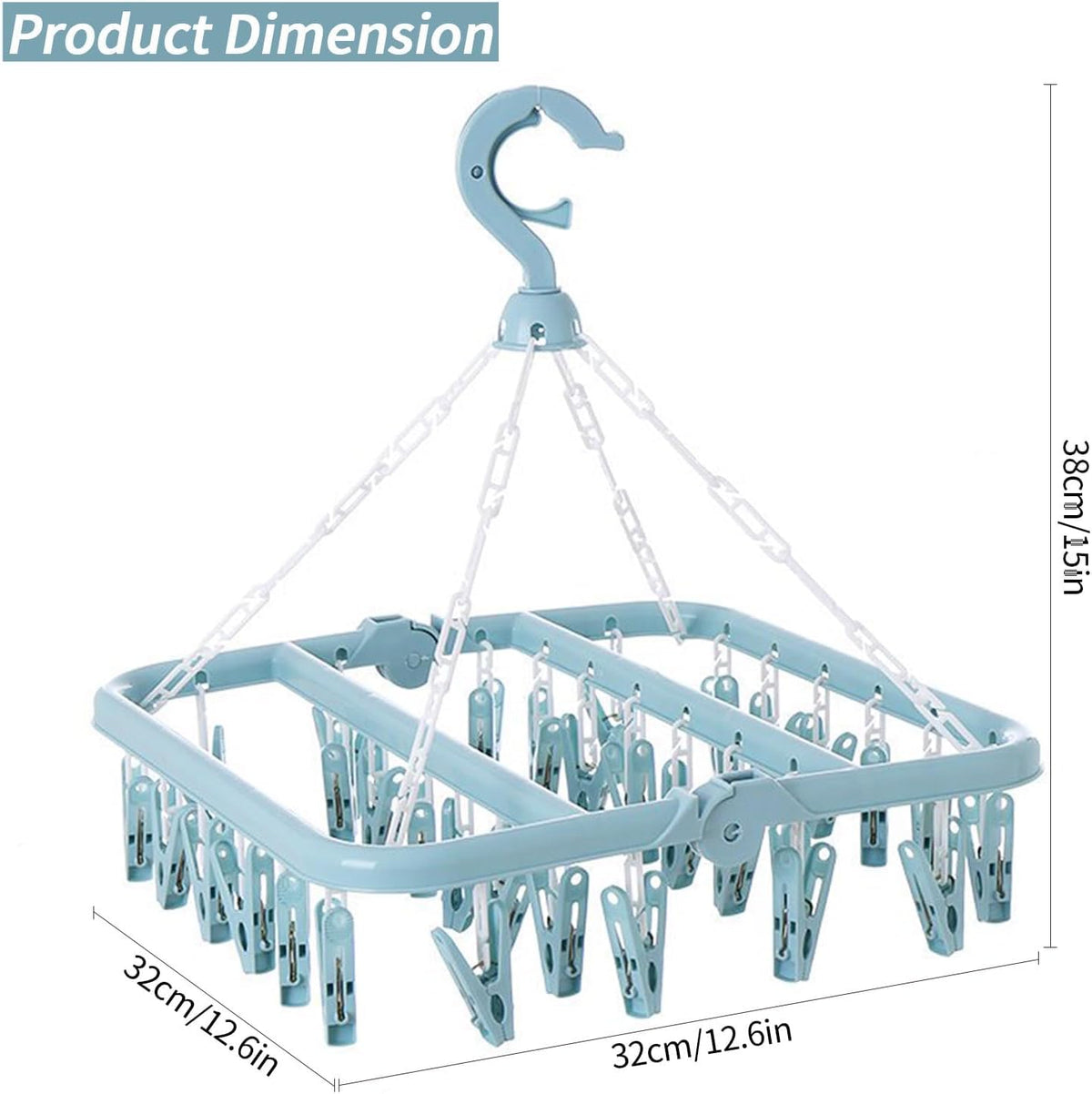 Laundry Drying Rack with 32 Clips, Foldable, Light Blue