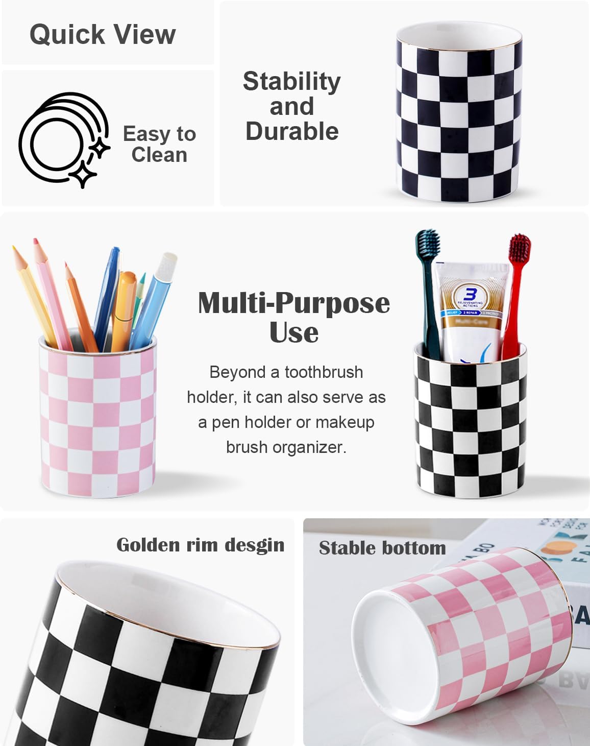Ceramic Toothbrush Holder Toothpaste Holders, Cute Bathroom Tumbler Cups Reusable,Checkered Bathroom Counter Decor Organizer, Makeup Brush Holder,Pen Holder (Black)