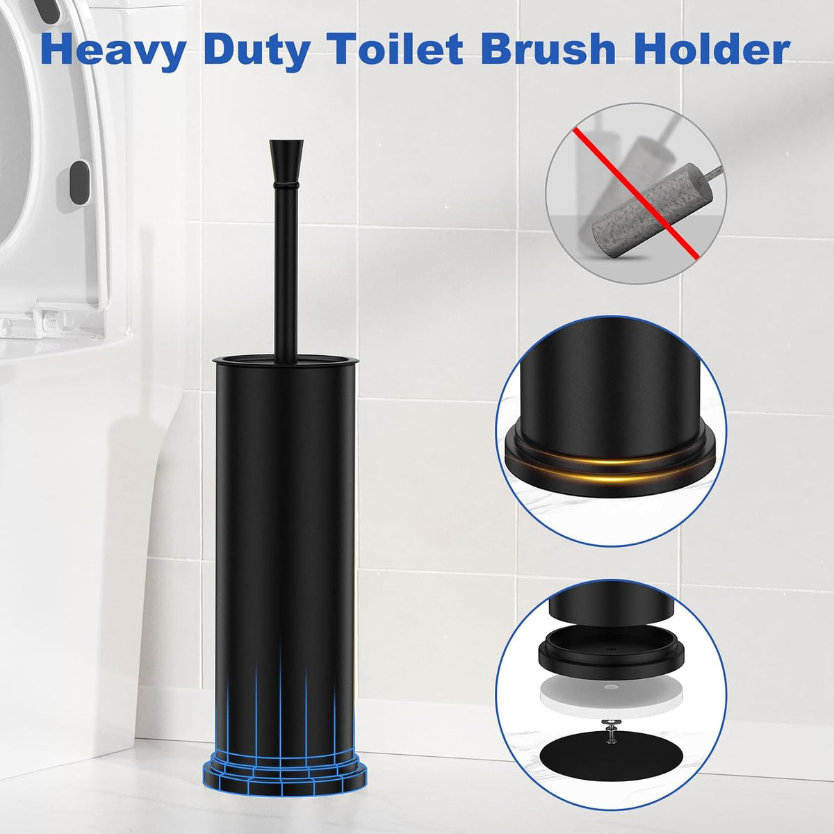 Toilet Brush and Holder Set：304 Stainless Steel Heavy Duty Toilet Bowl Brush，Removable Inner Bowl and Splash Protection，Bathroom Toilet Brush-Dense Bristles for Through Cleaning
