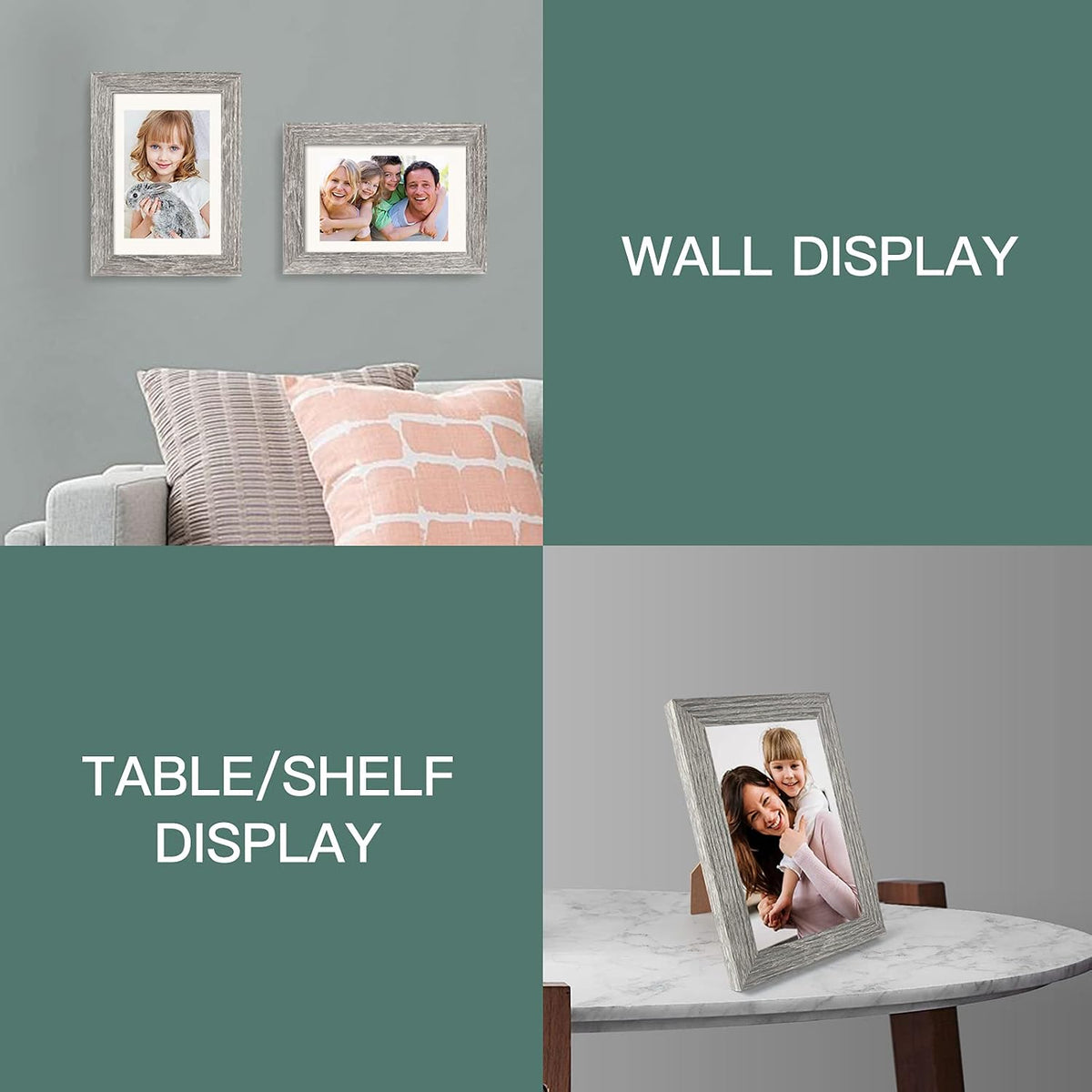 BAIJIALI 5x7 Picture Frame Rustic Grey Wood Pattern Set of 4,Display Photos 4x6 with Mat or 5x7 Without Mat, Horizontal and Vertical Formats for Wall and Table Mounting