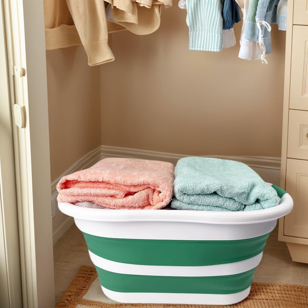 SAMMART 40L (10.5 gallon) Collapsible Plastic Laundry Hamper - Foldable Pop Up Storage Container/Organizer - Portable Washing Tub - Space Saving Basket (1, White/Winter Green)