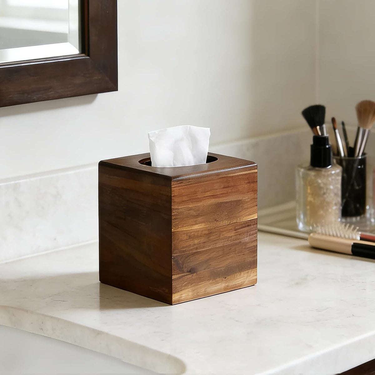Wood Tissue Box Cover， Acacia Wood Tissue Box Cover Square, Decorative Cube Facial Wooden Tissue Box Holder with Slide-Out Bottom for Bathroom, Bedroom, Dinner Table, Office, Kitchen