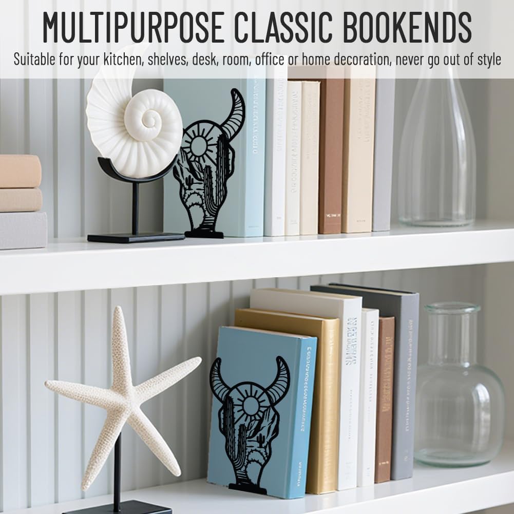 WADORN 1 Pair Western Cow Skull Metal Decorative Bookends, Vintage Cow Head Heavy Duty Book Stand Black Non-Skid Book Holder Stopper for Home Office School Library Desk Bookshelf Dorm Western Decor